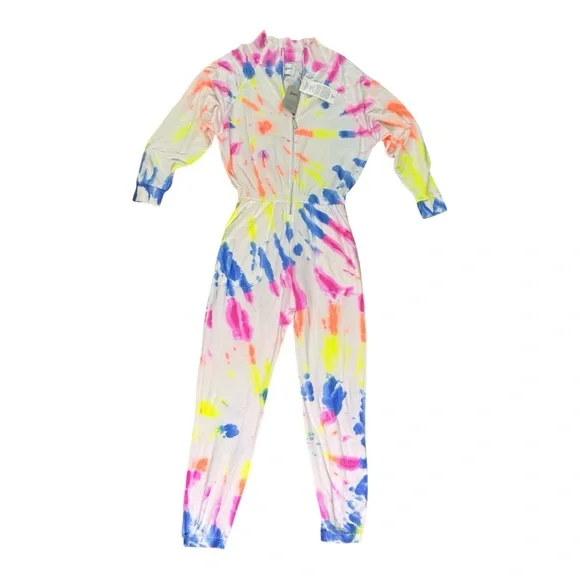 Lezat Multicolor Tie Dye Zip Front Fleece Jumpsuit Large Cozy Athleisure NWT - Picture 2 of 7